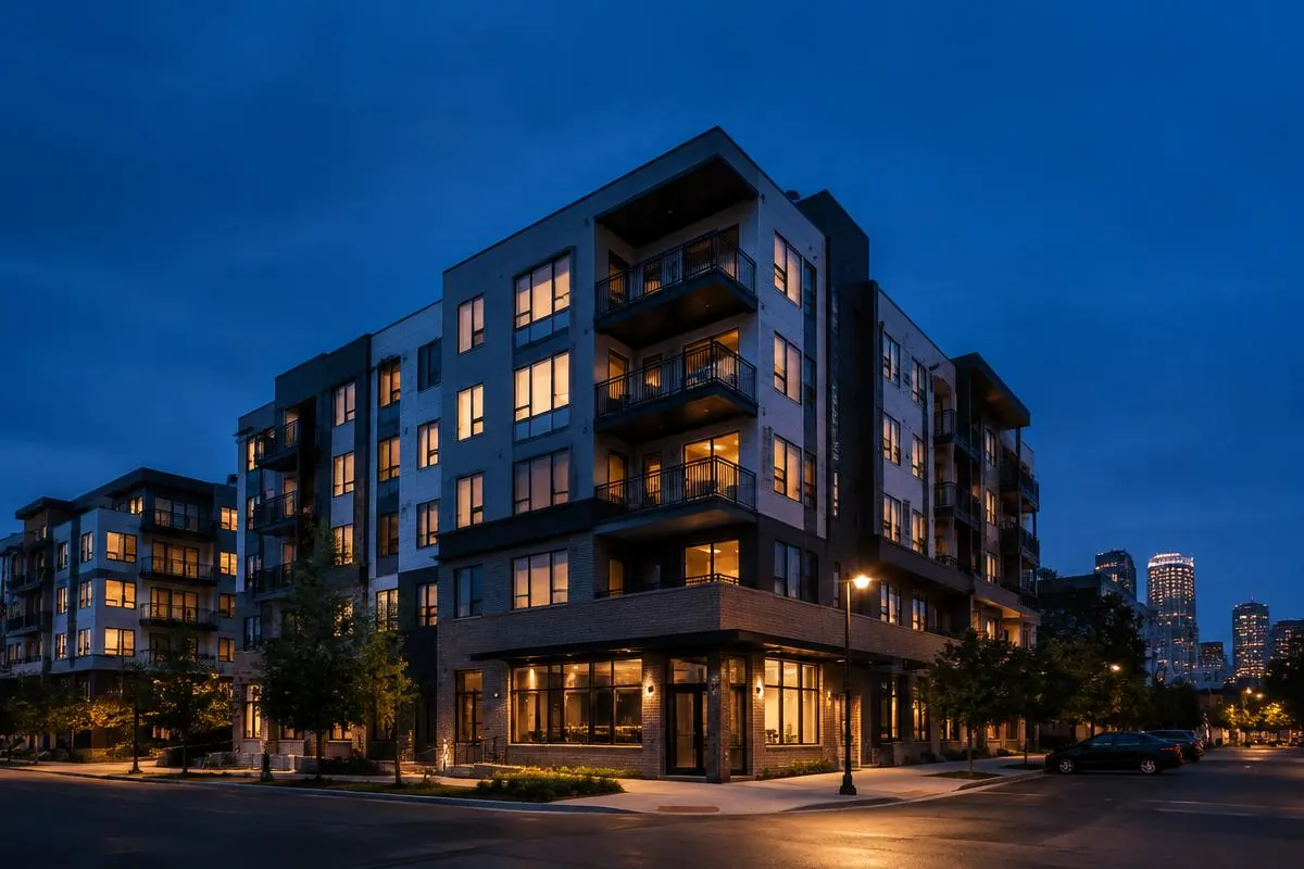 Multifamily apartment building at dusk